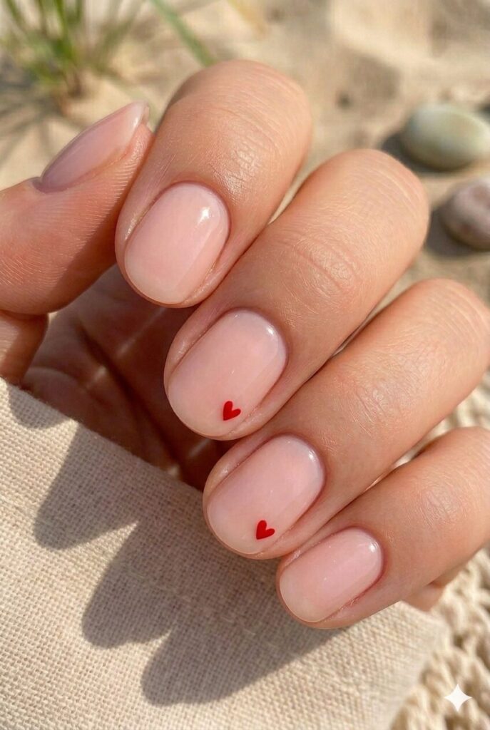 Short round nails with soft pink base and tiny heart accents