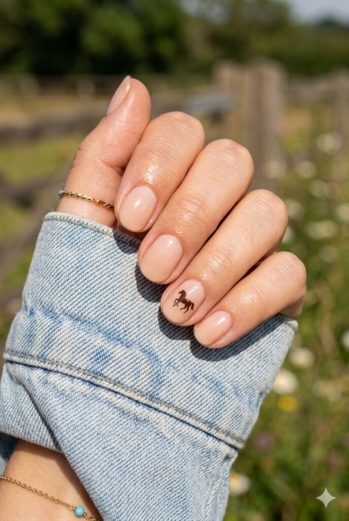 Short oval nails with nude base and tiny brown horse accent