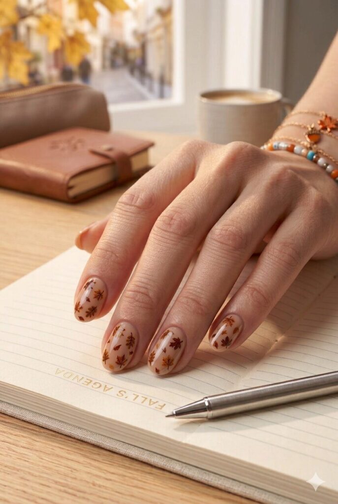 Short almond nails with nude base and tiny brown orange leaf accents