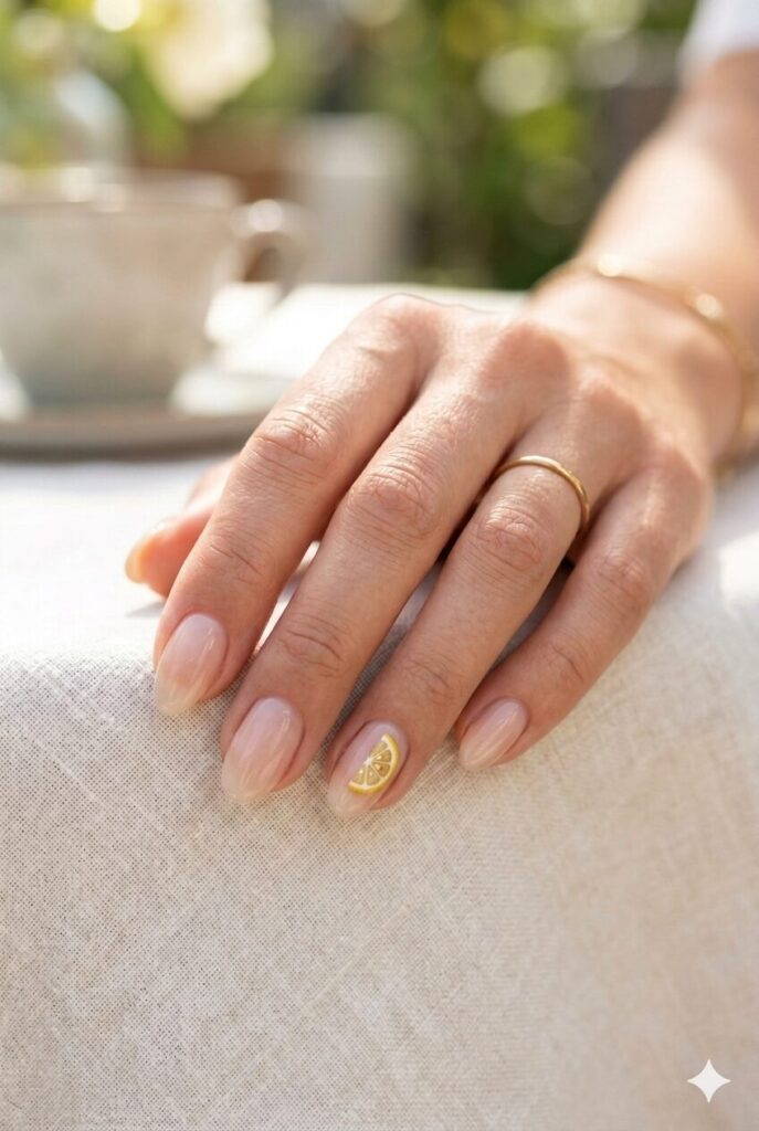 Short round nails with nude base and tiny lemon slice accent