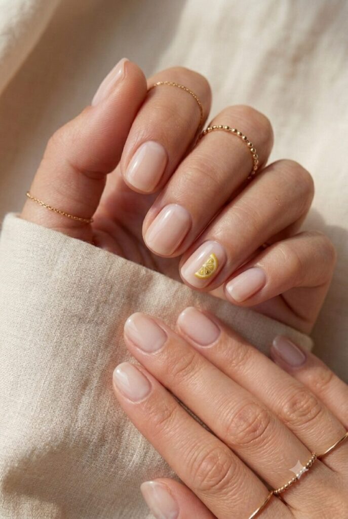 Short round nails with nude base and tiny lemon slice accent