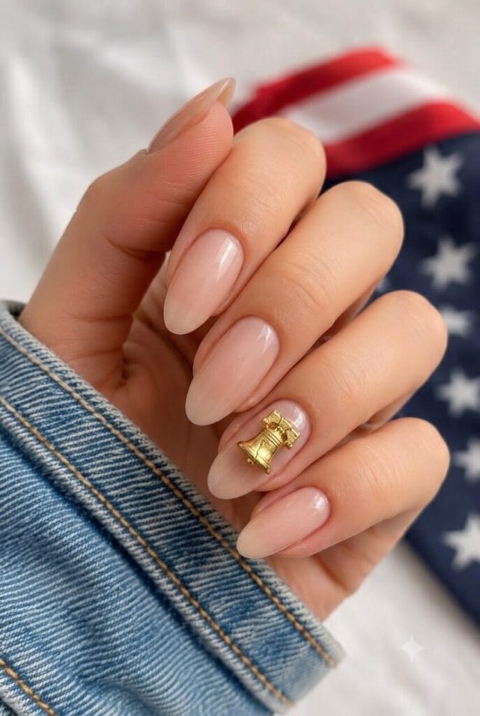 Short almond nails with nude base and tiny gold liberty bell accent