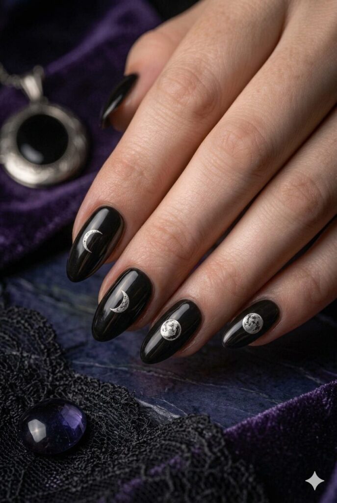 Short almond nails with black base and tiny silver moon phase accents