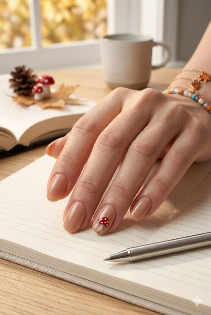 Short oval nails with nude base and tiny red white mushroom accent