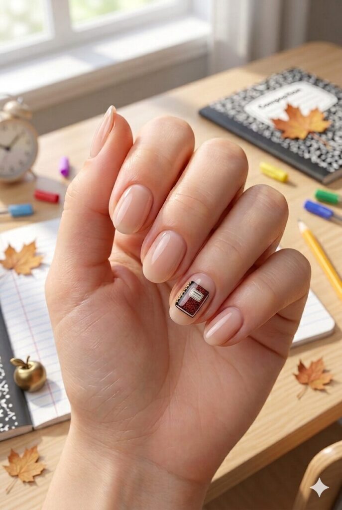 Short almond nails with nude base and tiny notebook accent