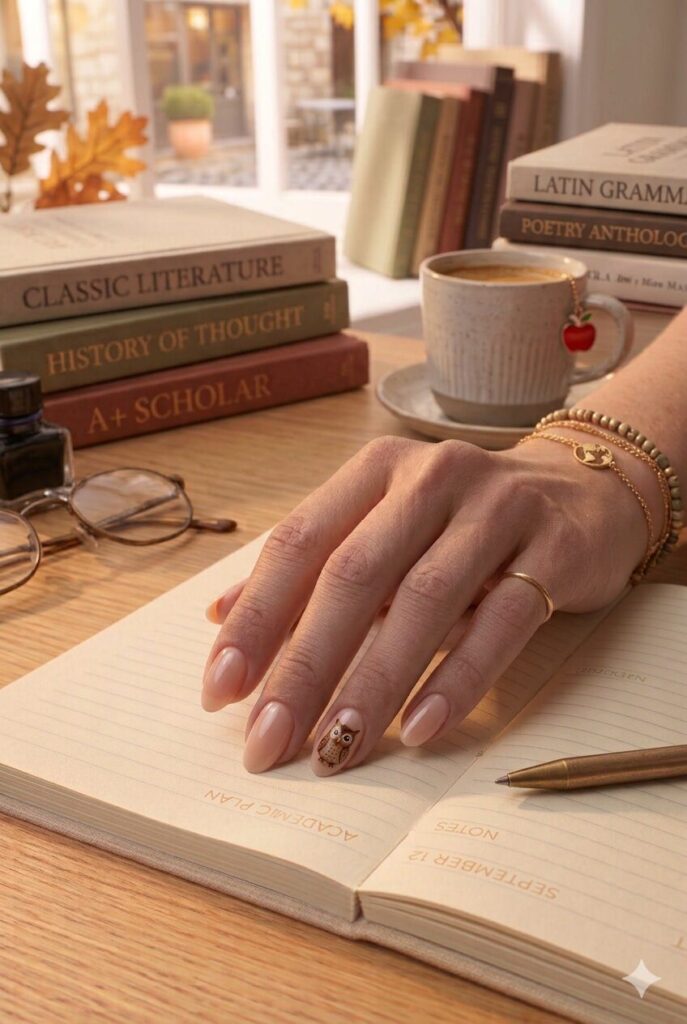 Short almond nails with nude base and tiny brown owl accent