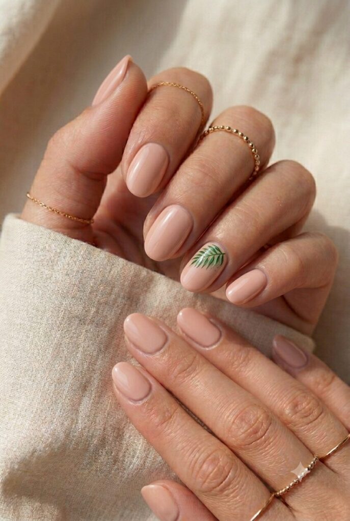 Short almond nails with nude base and tiny green palm leaf accent