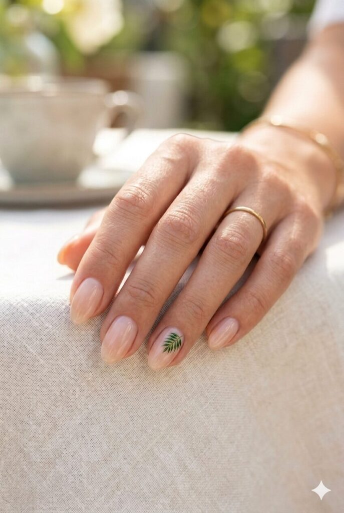Short almond nails with nude base and tiny green palm leaf accent