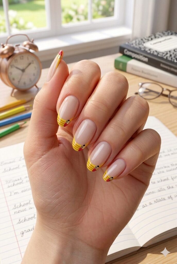 Short almond nails with French tips designed like pencil stripes