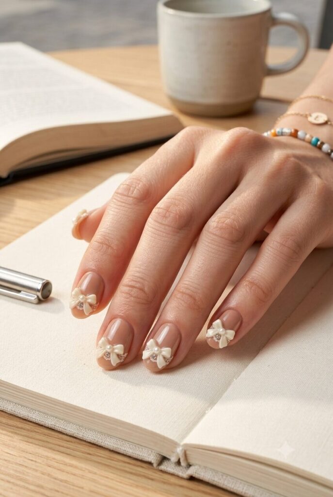 Short almond nails with nude base and tiny ribbon bow tip accents