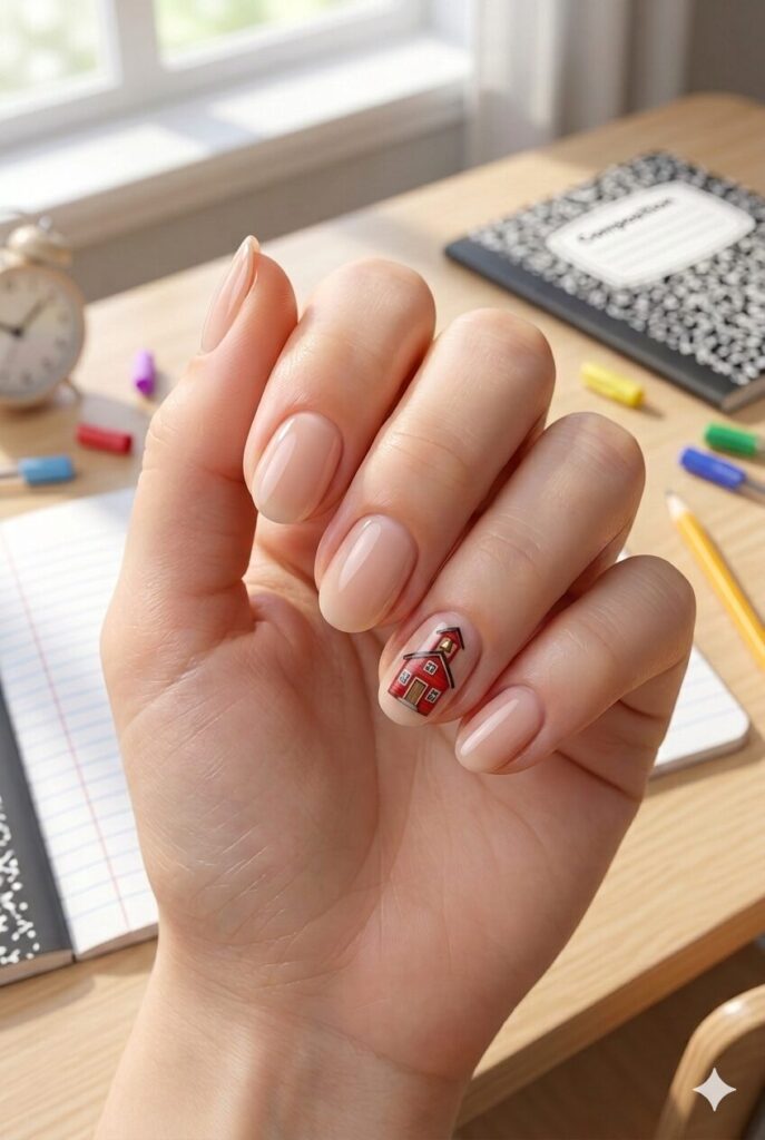 Short almond nails with nude base and tiny red schoolhouse accent