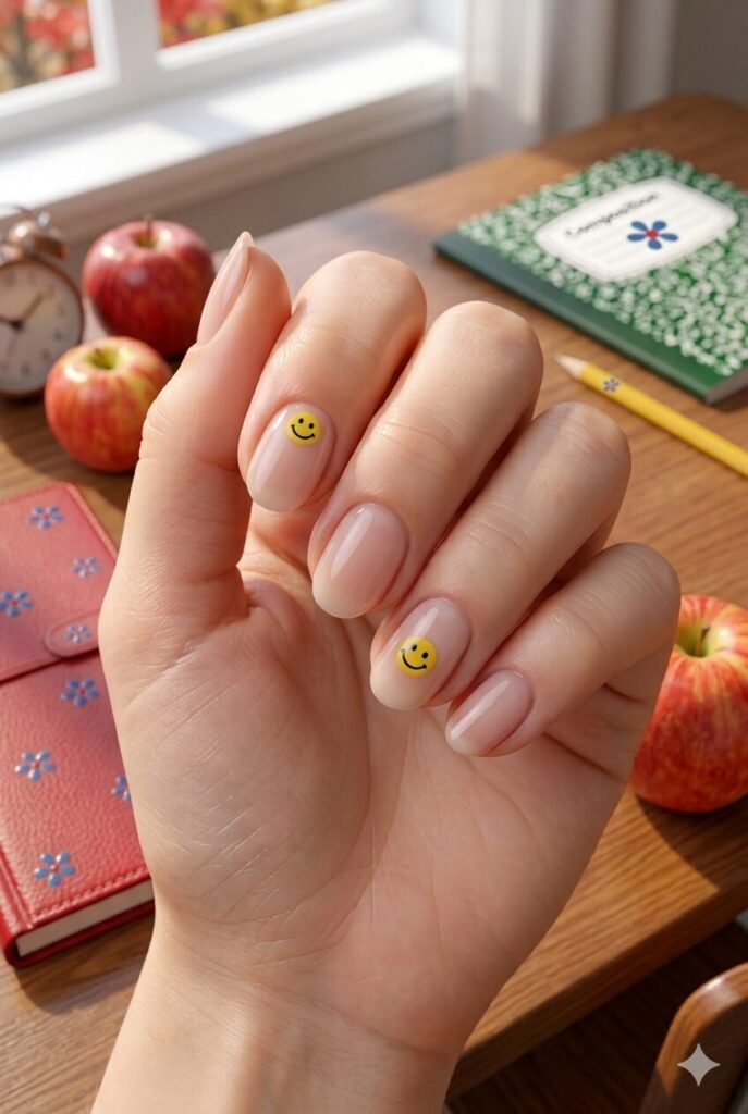 Short oval nails with nude base and tiny yellow smiley face accents