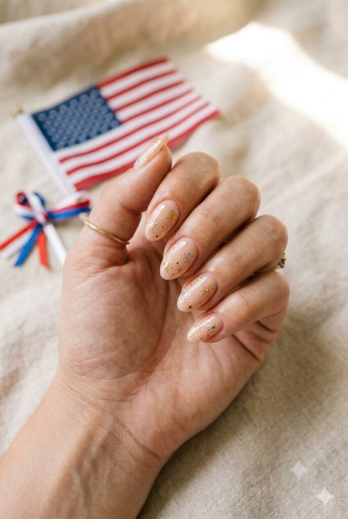 Short almond nails with nude base and tiny gold or silver sparkler accents