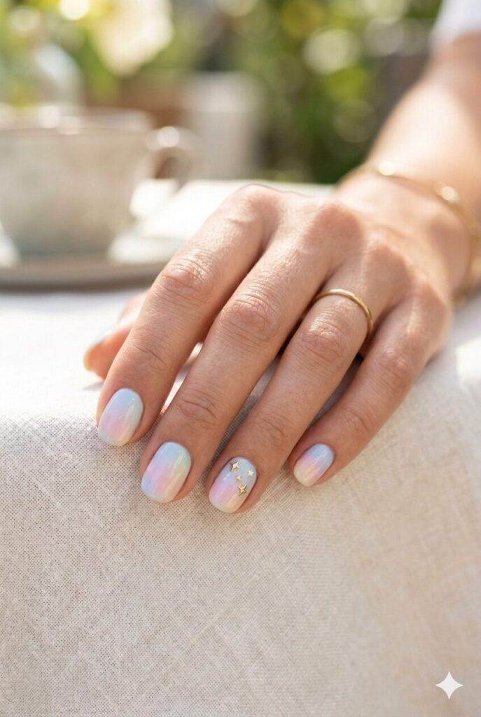 Short round nails with pastel base and tiny star accent
