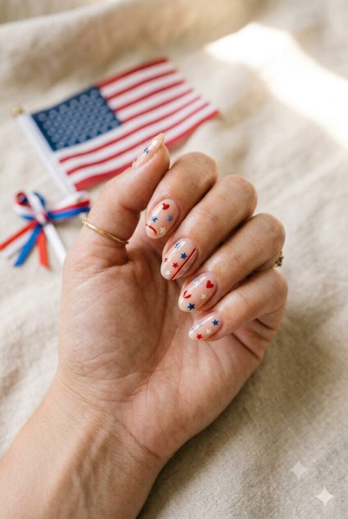 Short oval nails with tiny stars hearts and red stripe accents