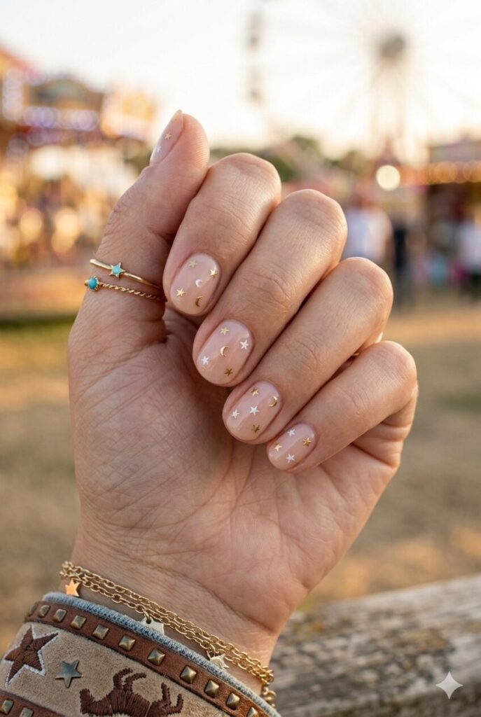 Short oval nails with nude base and tiny gold star accents
