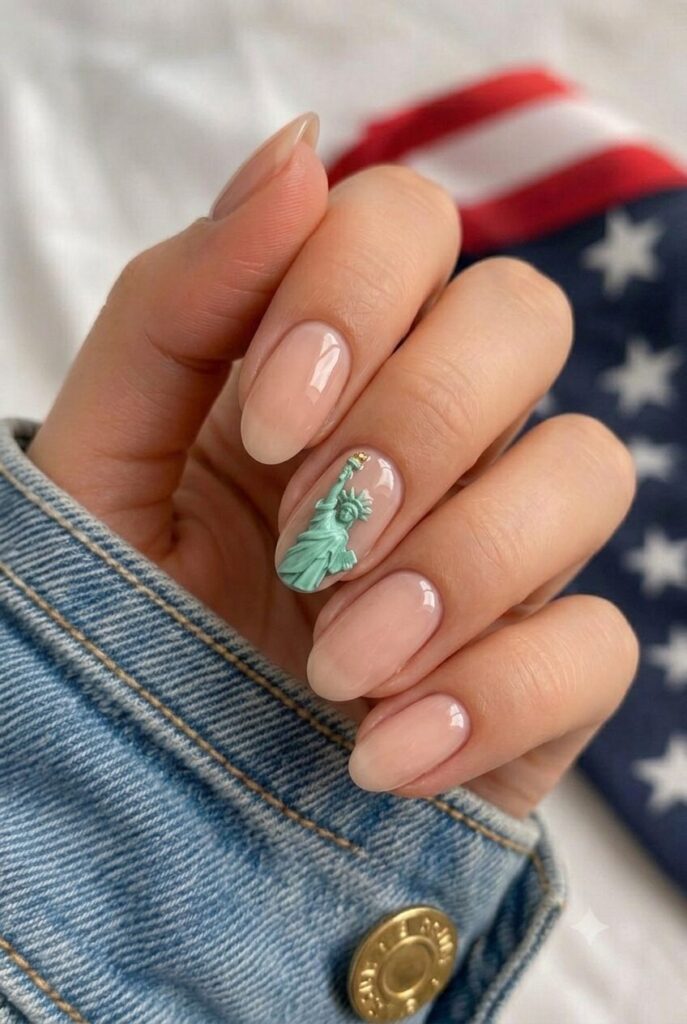 Short almond nails with nude base and tiny mint Statue of Liberty accent
