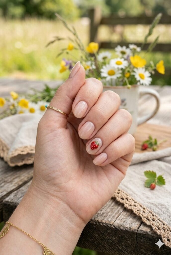Short oval nails with nude base and tiny red strawberry accent