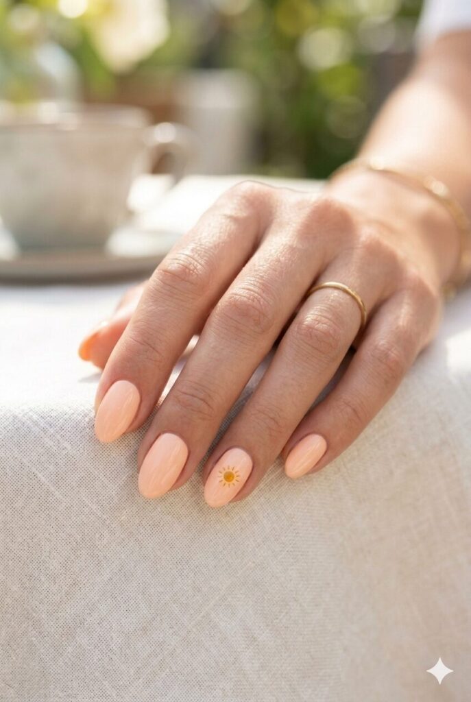 Short oval nails with peach base and tiny sun accent on ring finger