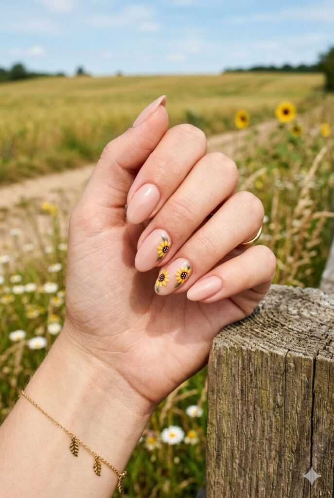 Short almond nails with nude base and tiny sunflower accents