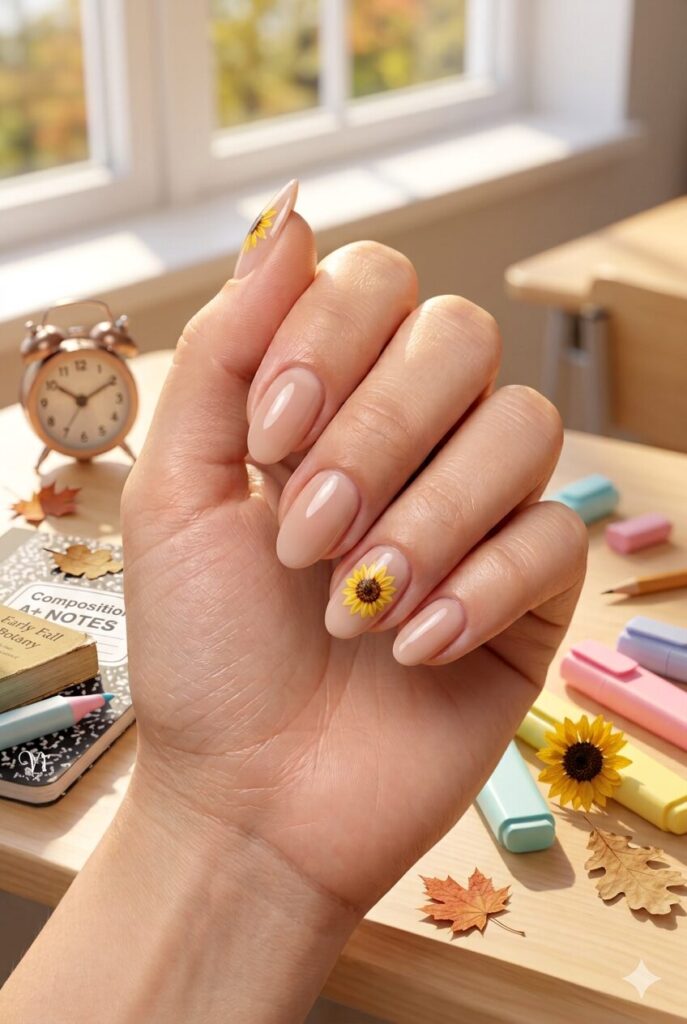 Short almond nails with nude base and tiny sunflower accents
