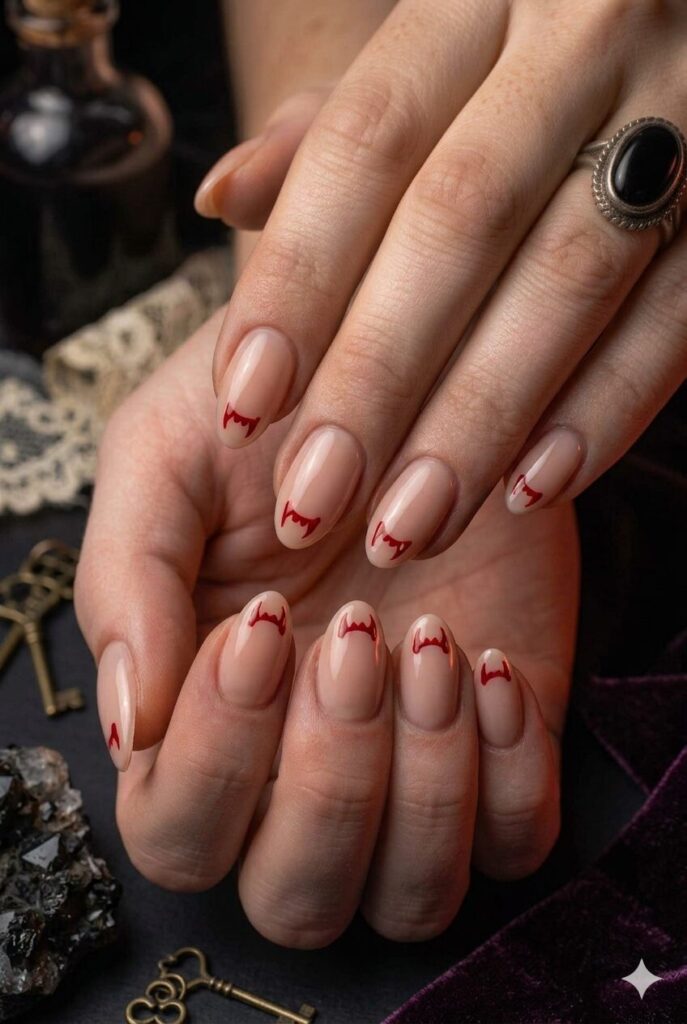 Short almond nails with nude base and tiny red vampire fang accents