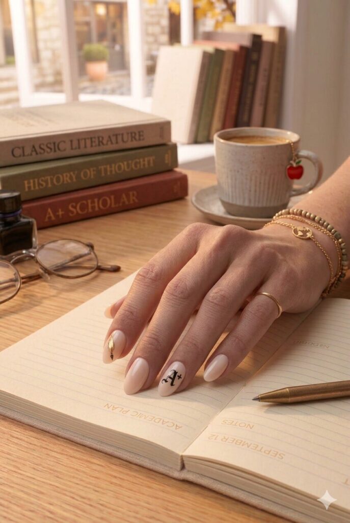 Short oval nails with nude base and tiny vintage A plus letter accents