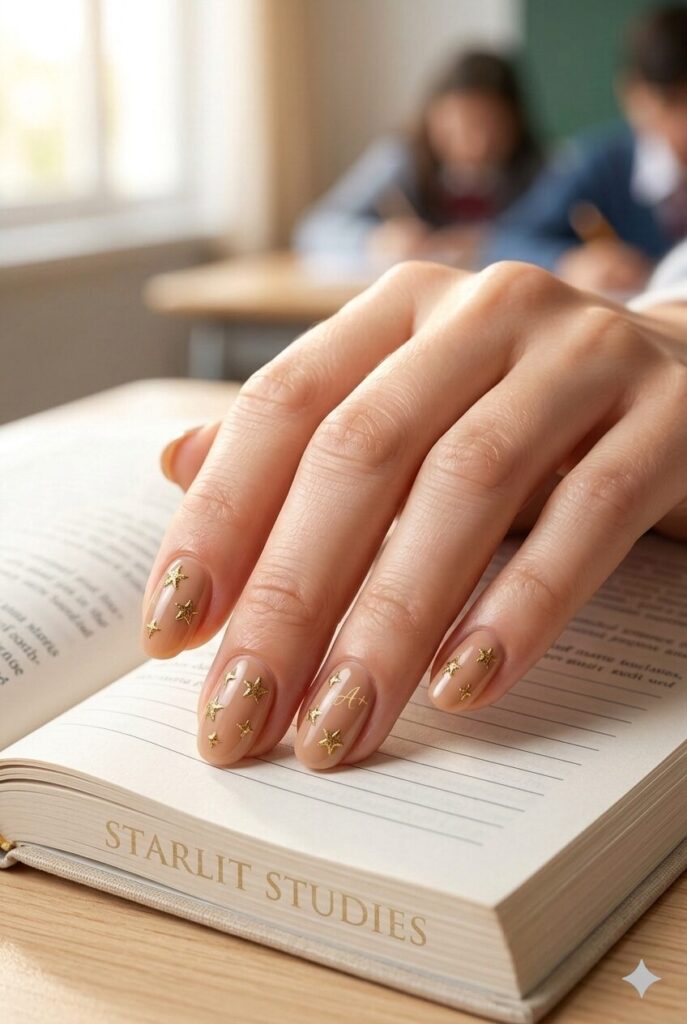 Short almond nails with nude base and tiny vintage gold star accents