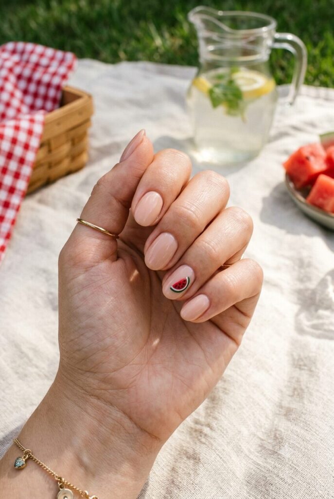 Short oval nails with nude base and tiny watermelon slice accent