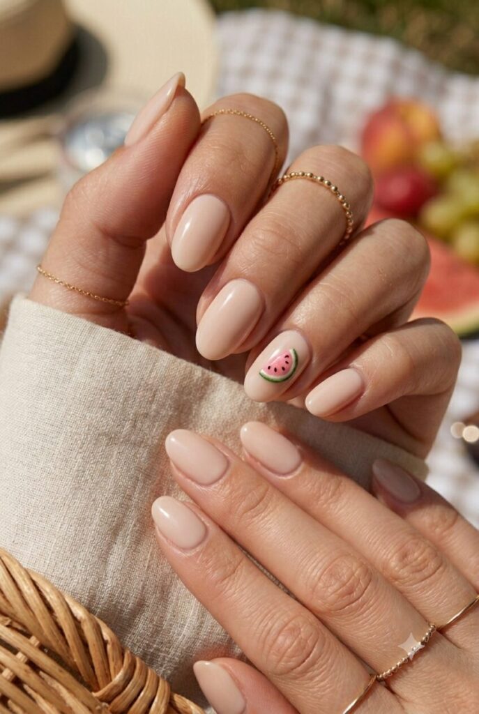 Short oval nails with nude base and tiny watermelon slice accent