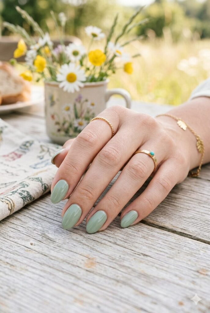 Short oval nails with nude base and tiny mixed wildflower accents