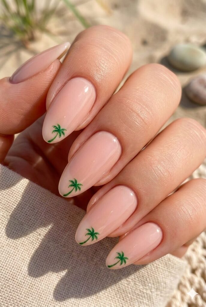 Long almond nails with tiny green palm tree French tips