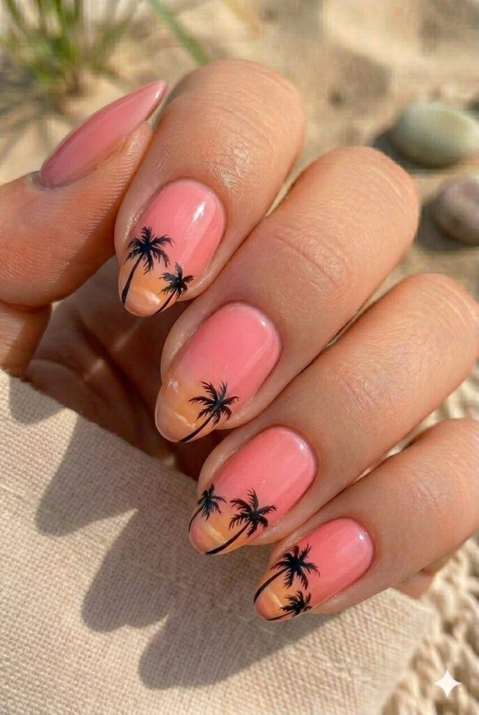 Long almond nails with pink base and tiny sunset palm tree art