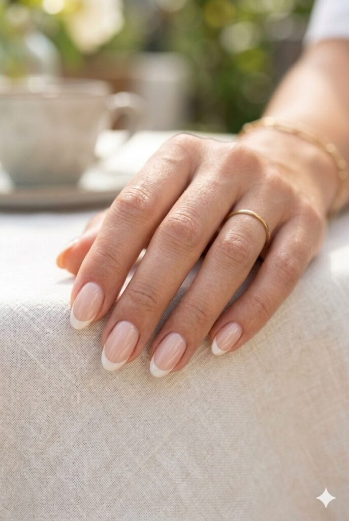Short almond nails with nude base and vanilla white French tips