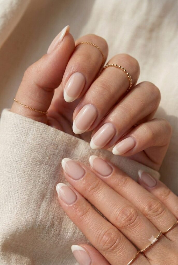 Short almond nails with nude base and vanilla white French tips