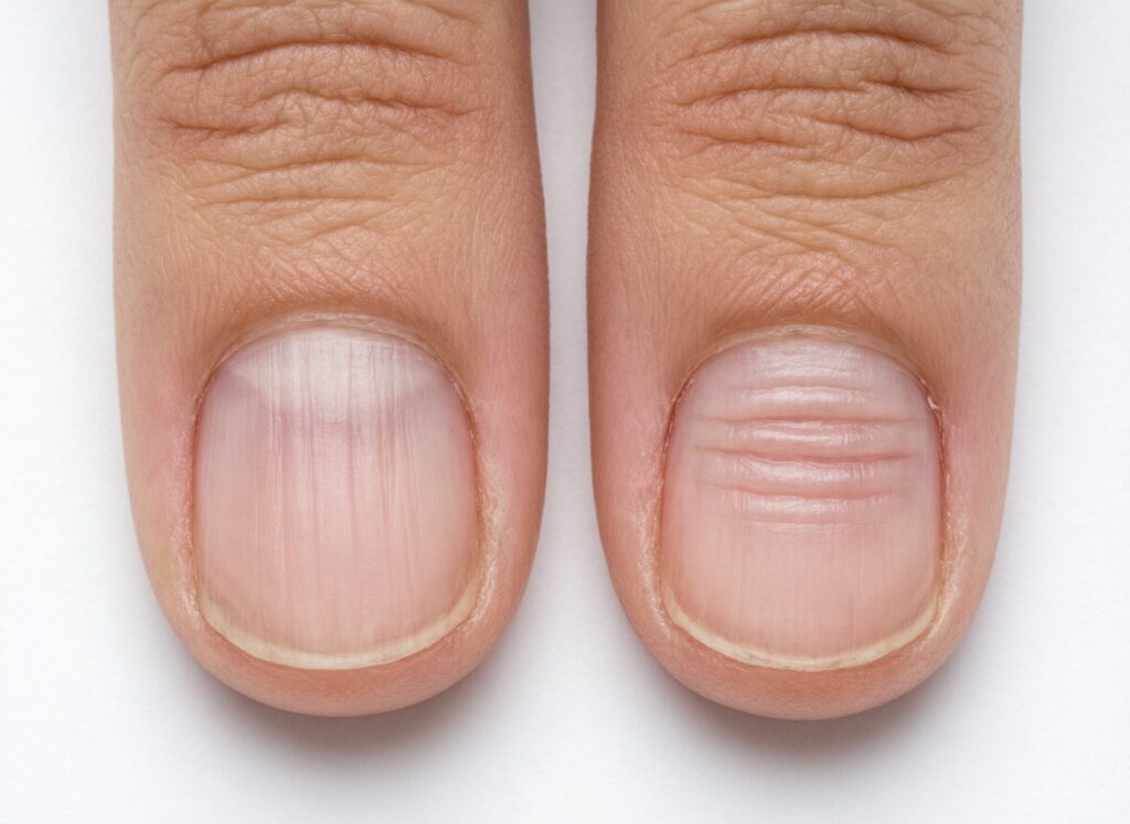 Comparison of vertical ridges and horizontal ridges in fingernails side by side