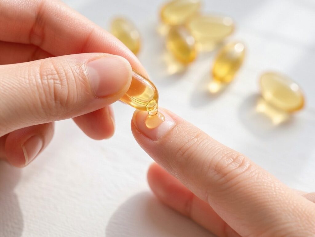 Applying Vitamin E oil from capsule onto dry cracked cuticles for repair and healing