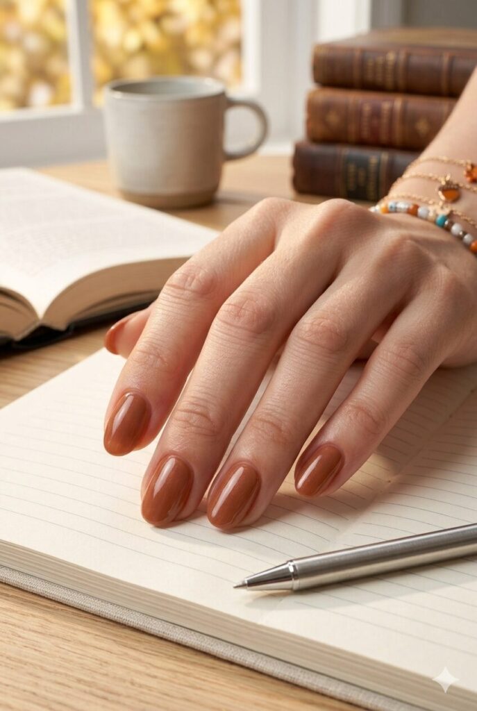Short oval nails with glossy warm cinnamon fall polish
