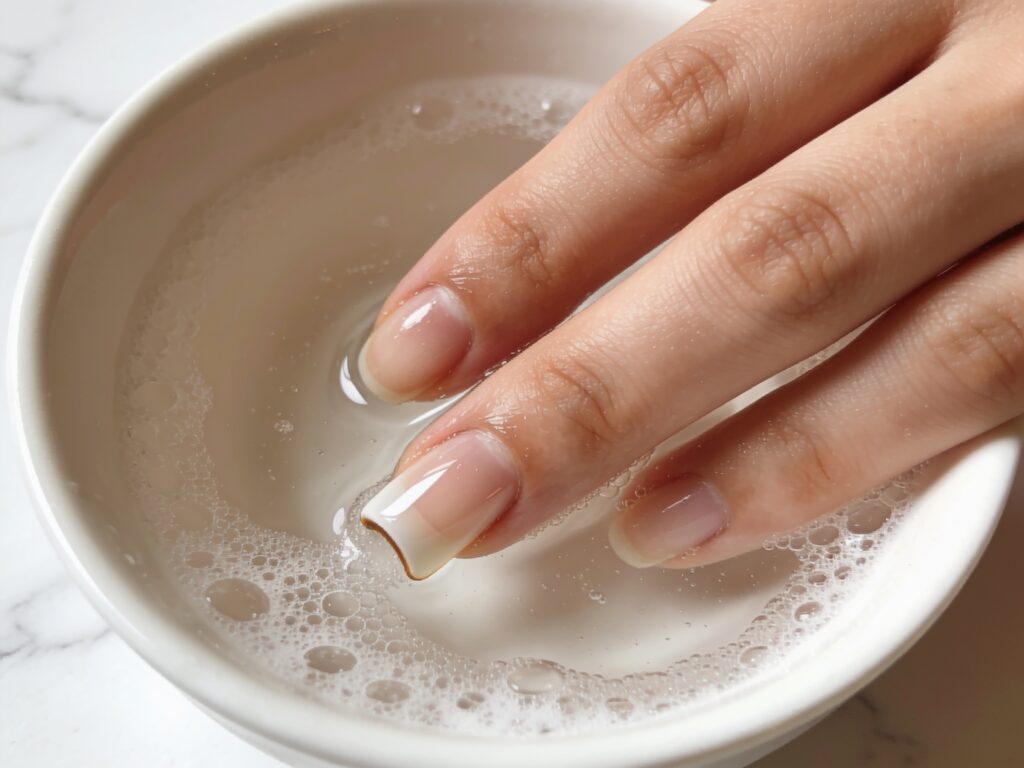 Soaking fingertips in warm soapy water to remove press on nails without damage