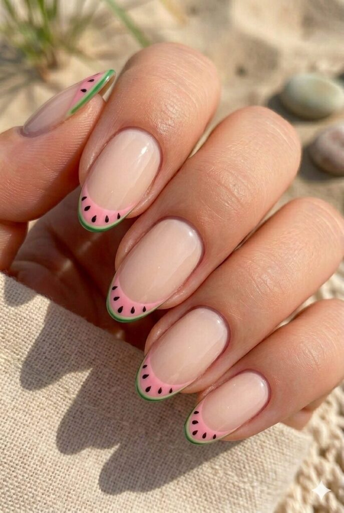 Long almond nails with watermelon-inspired pink and green tips