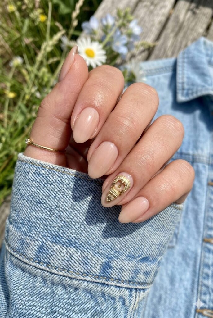 Short almond nails with nude base and tiny gold western buckle