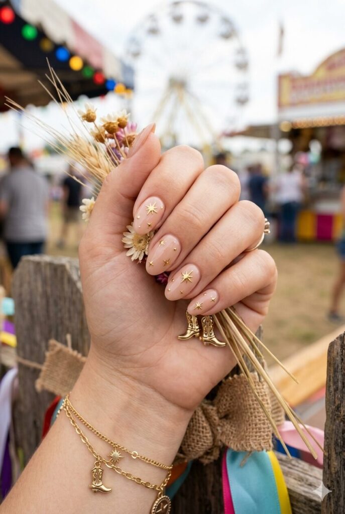 Short almond nails with nude base and gold western star burst accents