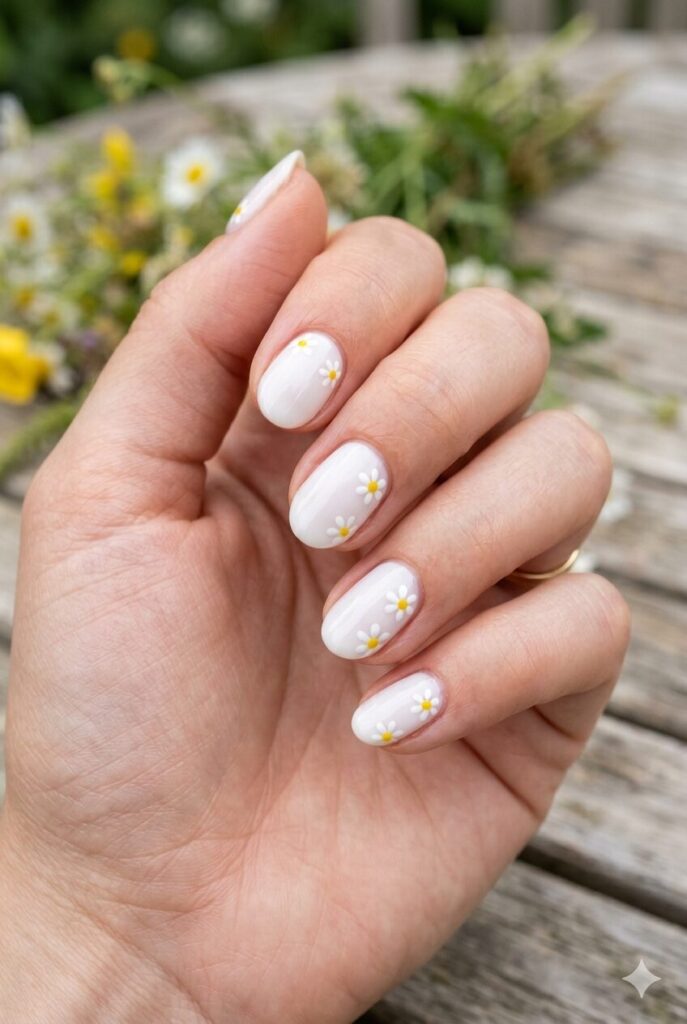 Short oval nails with white base and tiny daisy accents