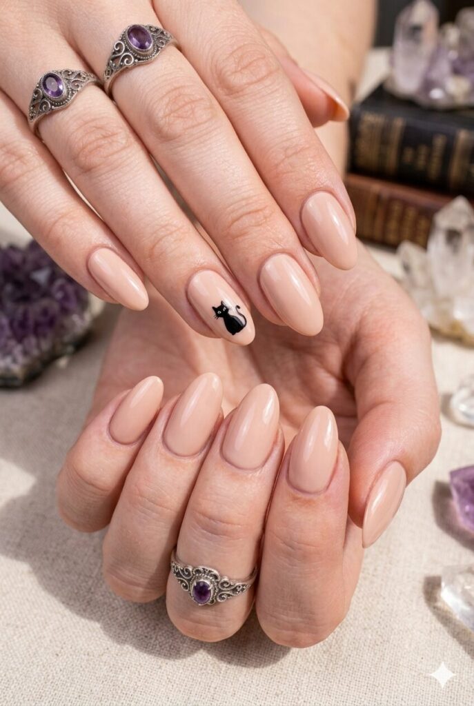 Short almond nails with nude base and tiny black witchy cat accent