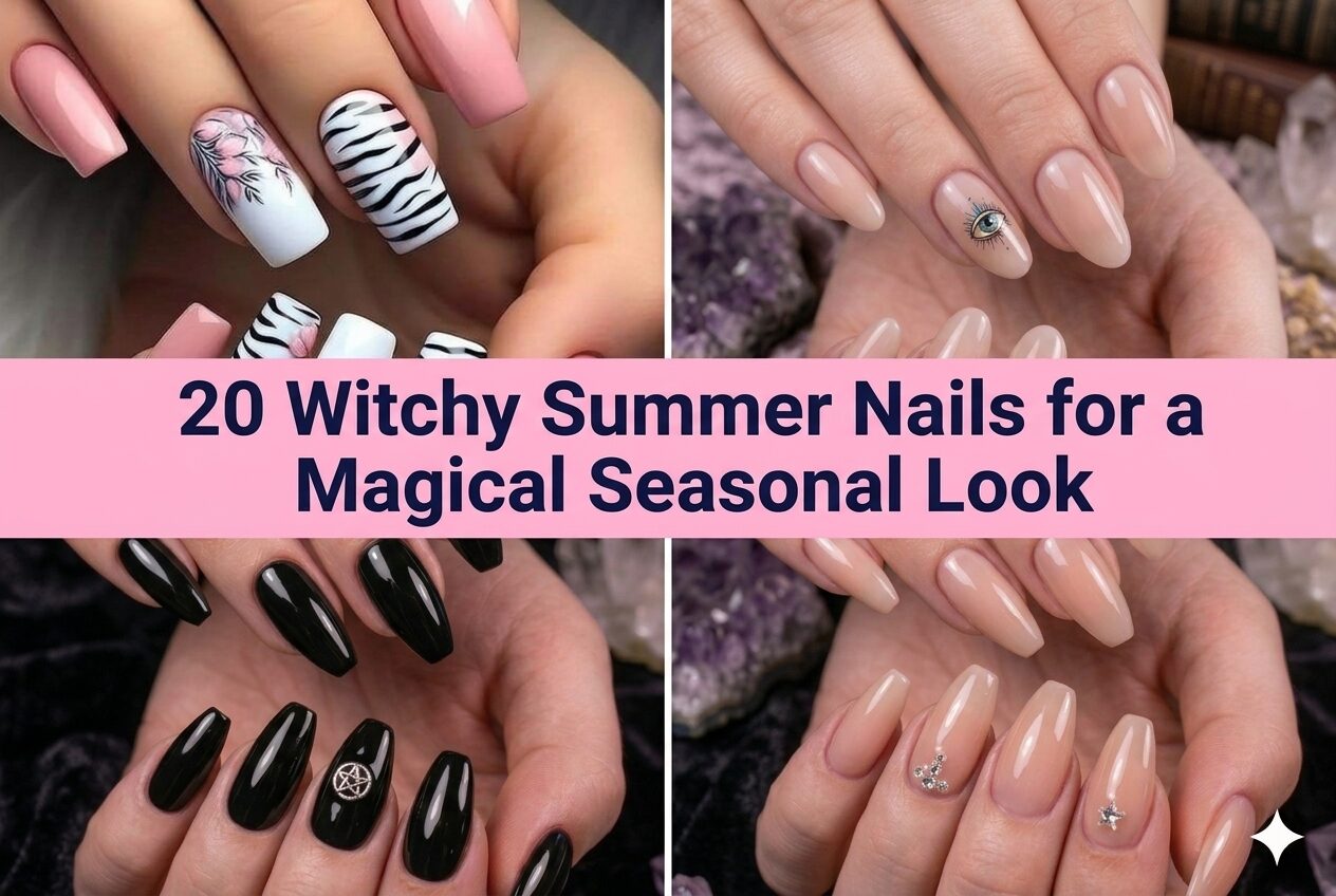 Collage of witchy summer nails for 2026 with magical and mystical designs