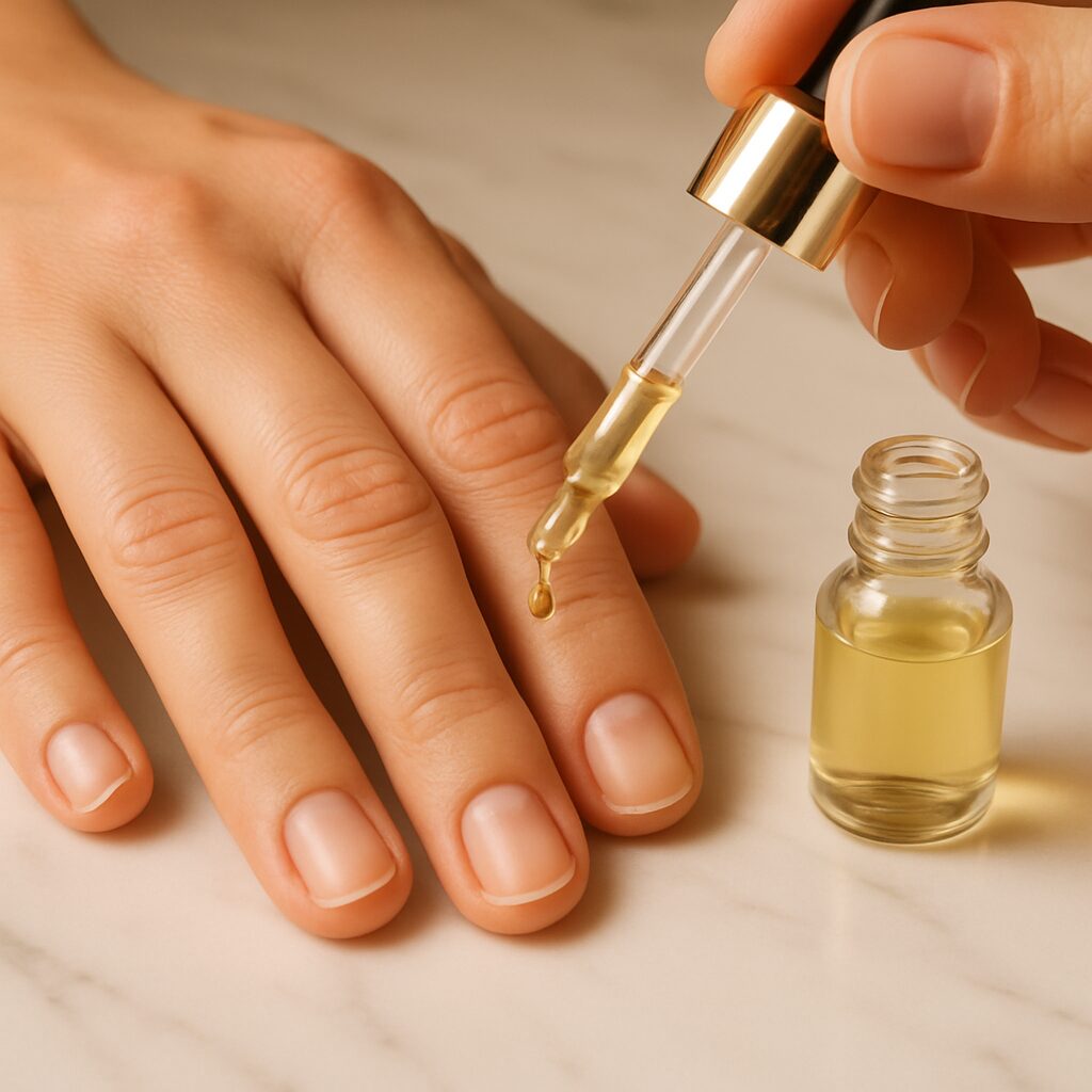 Applying cuticle oil after removing acrylic nails at home without damage for nail recovery