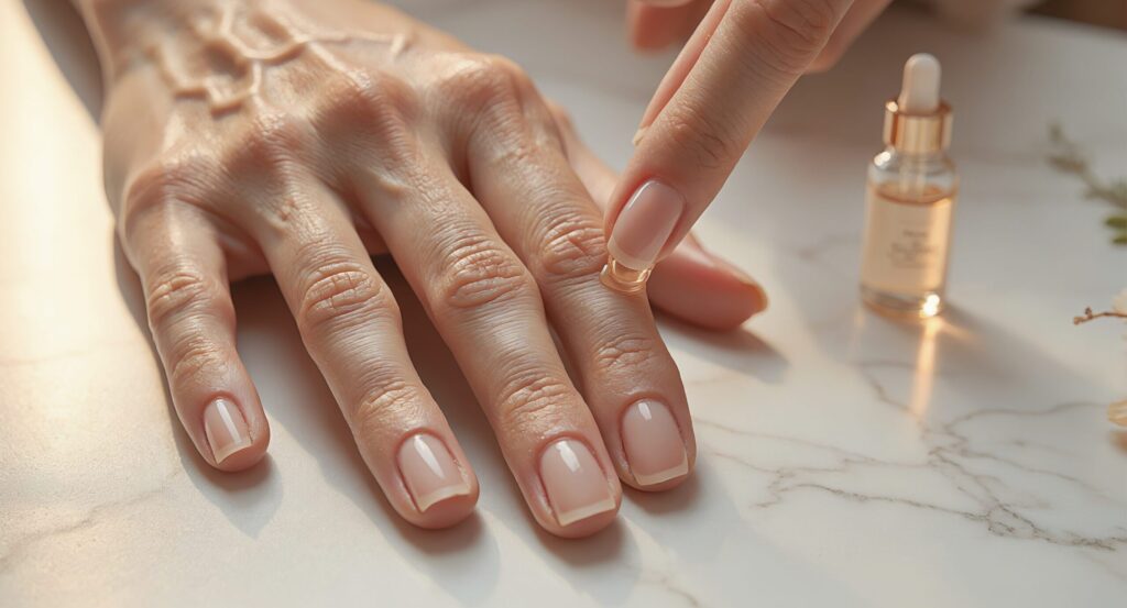 Applying cuticle oil after removing gel nail polish without acetone at home for nail recovery