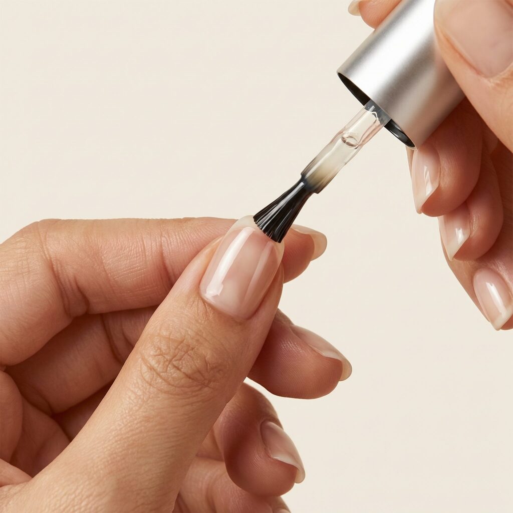 Applying the best nail strengthener for thin brittle nails to bare natural nail