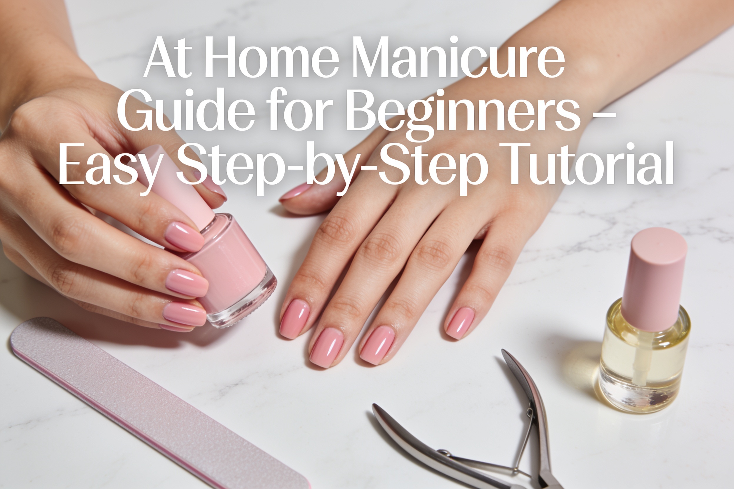 At home manicure guide for beginners featured image showing neatly painted nails and manicure tools