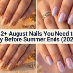 Collage of August nails for 2026 with sunflower and sunset designs